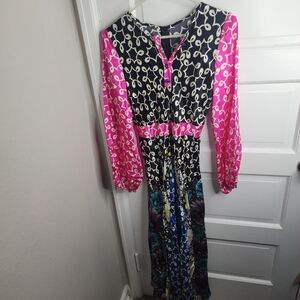 Duro Olowu Silk Colorblock Black Pink Blue Print Dress Size 40